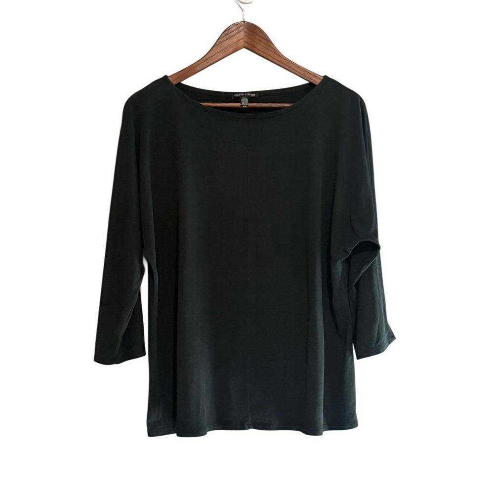 Eileen Fisher Boat Neck Jersey Knit Top Boxy Stretch Minimalist Black Grey Med
